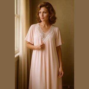 Vintage 70s Shadowline Nylon Lace Feminine Nightgown & Robe Peignoir Sheer